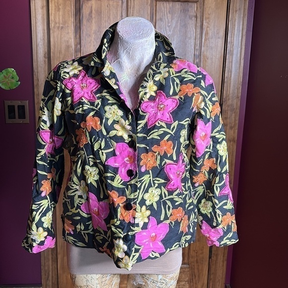 VINTAGE Laura Ashley Petite Silk Floral Blazer Jacket lightweight cropped sz S - Picture 6 of 16
